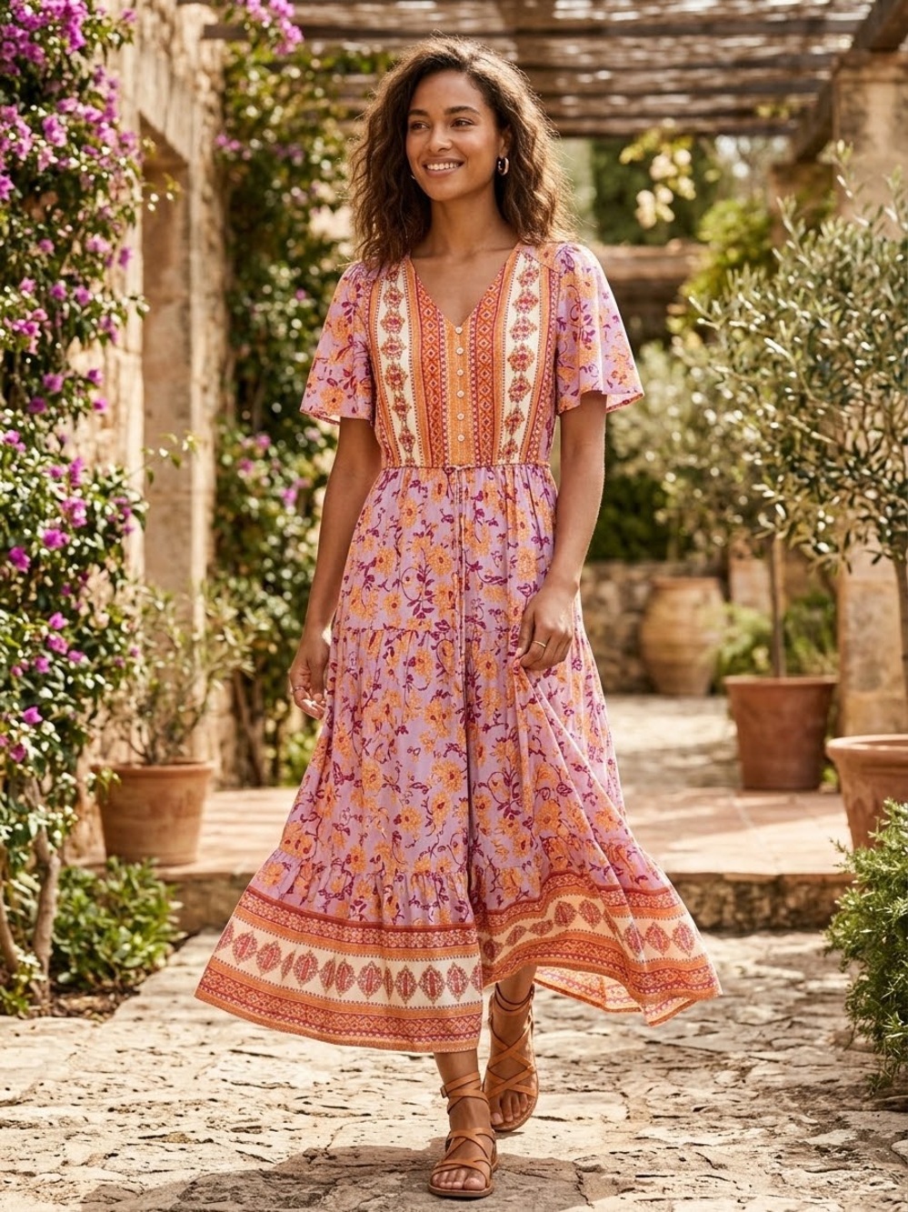 Bohemian Floral Maxi Dress in Pink and Orange